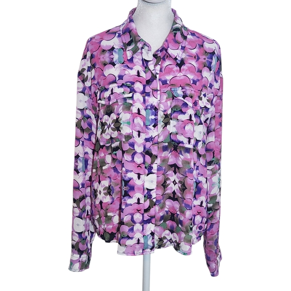 L'Amour by Nanette Lepore Purple Floral Button-Up Blouse Size Large Floral Top - Picture 1 of 12